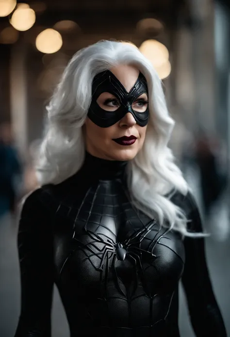 1woman, white hair, with a small mask wearing a black latex spider man suit, large breasts, curvy, erect nipples