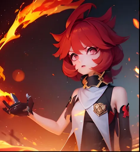 Best Quality, of the highest quality, ultra-detailliert, hight resolution, hight resolution, nffsw, 4K, 8K, Unity 8k壁纸, extremely details CG，Leave the color as it is、Red hair，Flames flare up in the background，