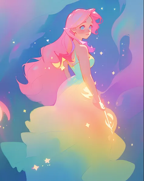 beautiful girl in sparkling gradient ballgown, long wavy peach pink hair, vibrant pastel colors, (colorful), colorful watercolor background, ethereal, magical lights, sparkling liquid light, inspired by Glen Keane, inspired by Lois van Baarle, disney art s...