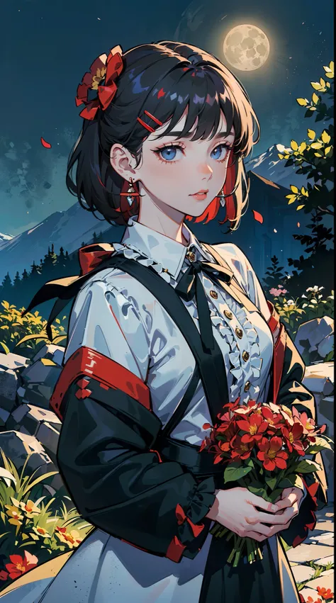 ((((carrying flower on back,))))((hands in pockets,))(Masterpiece illustration,Beautiful and aesthetic:1.2,aim to viewers), Best quality,Top quality, Epic quality,((((valley,outdoor,))))(moonlight,moon glare, god light,at night,upper upper shot,focus on fa...