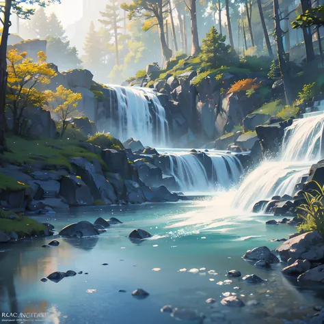 A chaotic rushing waterfall in a serene beautiful landscape, ray tracing, detailed reflections, Intricate, High Detail, dramatic, best quality masterpiece, photorealistic, detailed, 8k, HDR, backlighting, bloom, light sparkles, chromatic aberration, sharp ...