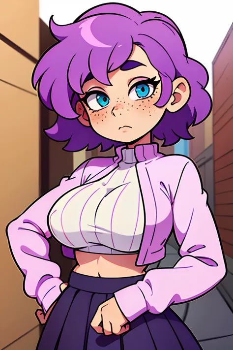 girl, Short curly pastel purple hair, has heterochromia, has vitiligo, freckles, septum piercing, medium tits, wearing a long sleeve crop top and a pleated skirt