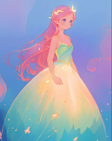 beautiful girl in sparkling gradient ballgown, long wavy peach pink hair, vibrant pastel colors, (colorful), colorful watercolor background, ethereal, magical lights, sparkling liquid light, inspired by Glen Keane, inspired by Lois van Baarle, disney art s...