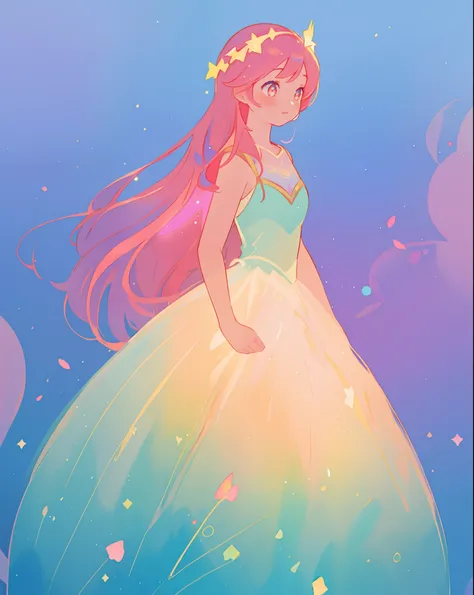 beautiful girl in sparkling gradient ballgown, long wavy peach pink hair, vibrant pastel colors, (colorful), colorful watercolor background, ethereal, magical lights, sparkling liquid light, inspired by Glen Keane, inspired by Lois van Baarle, disney art s...