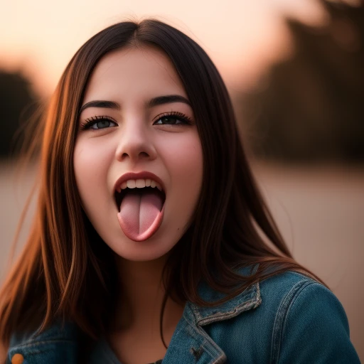 Beautiful young girl showing her tongue, Hilarious humor, Flirtation, Lightweight, Warm, highly detailed photo, Masterpiece, cinematic angle, 8K