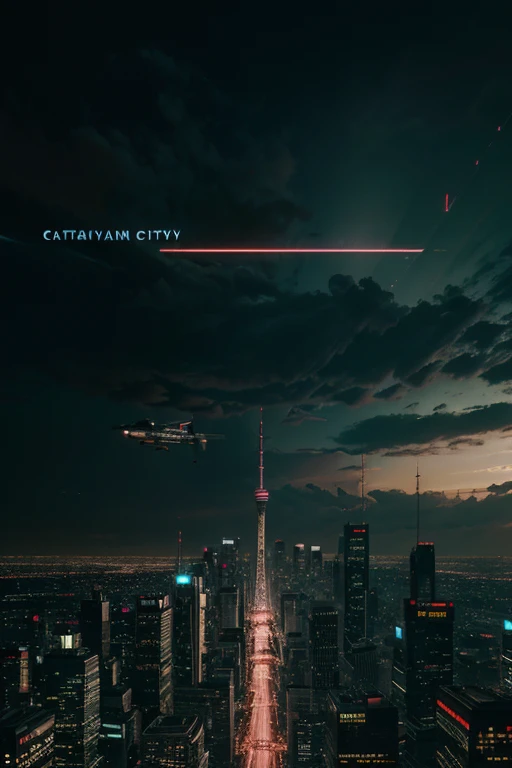 a big city in cyberpunk theme with long skylines and flying cars