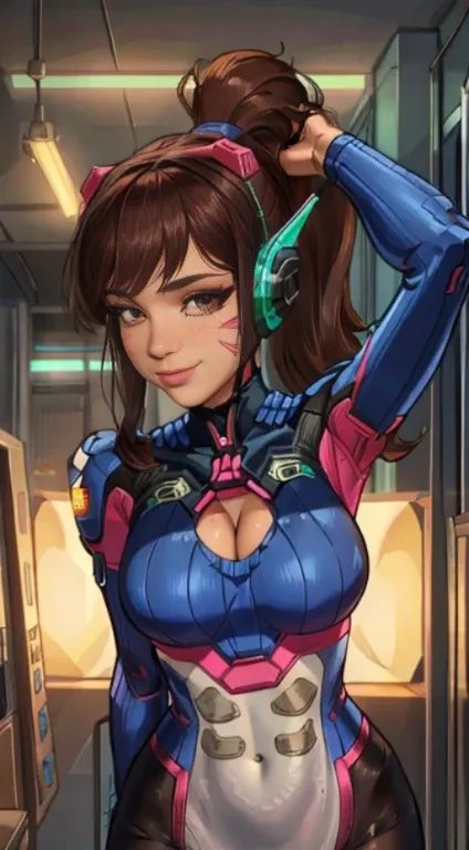 Dva, brown hair, brown eyes,  facial mark,   ponytail, 
bodysuit,  headphones, looking at viewer,  skin tight,  cleavage, 
upper body, standing,  from below, 
arcade, indoors,  neon lights,  smile, 
(insanely detailed, beautiful detailed face,beautiful det...