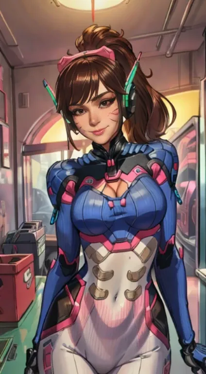 Dva, brown hair, brown eyes,  facial mark,   ponytail, 
bodysuit,  headphones, looking at viewer,  skin tight,  cleavage, 
upper body, standing,  from below, 
arcade, indoors,  neon lights,  smile, 
(insanely detailed, beautiful detailed face,beautiful det...