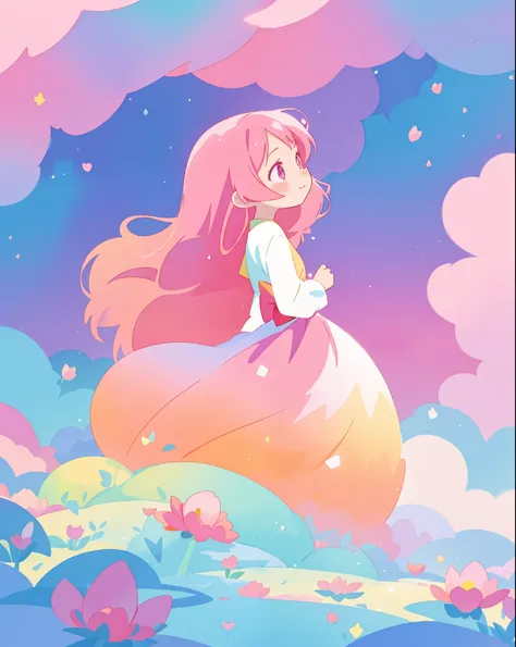 beautiful girl in colorful gradient puffy ballgown, long flowing dark pink hair, colorful fantasia background, sparkling, watercolor illustration, disney art style, beautiful digital illustration, fantasia otherworldly landscape plants flowers, beautiful, ...