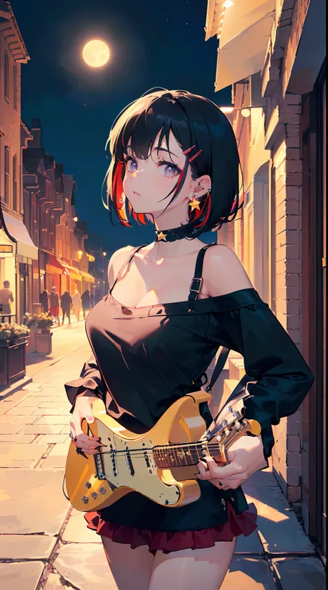 ((((carrying guitar on back,))))((hands in pockets,))(Masterpiece illustration,Beautiful and aesthetic:1.2,aim to viewers,from below), Best quality,Top quality, Epic quality,((((streets,valley,outdoor,))))(moonlight,moon glare, god light,at night,))Neat fa...