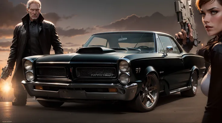 um imponente, Pontiac GTO 1965 classic black in the foreground, behind a close-up of a gangster Harrison Ford armed with a pistol and a beautiful gangster Angelina Jollie holding a pistol and the sun and many buildings with the light on of a street in New ...