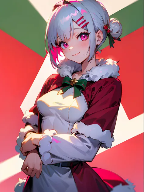 1girl in、Short hair with silver bob styled in a bun with hair clip, Pink eyes、small tits、A smile、Laugh、Christmas、Dressed in Santa Claus costume、Colors based on red and green