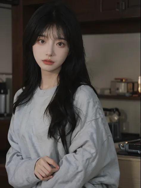 best qualtiy， 超高分辨率， （realisticlying：1.4）， A woman with long black hair and a gray sweater, 中景 the scene is, she has red hair，By bangs, young lovely Korean faces, wan adorable korean face, ulzzangs, Shin Jinying, beautiful aesthetic face, Korean face featu...