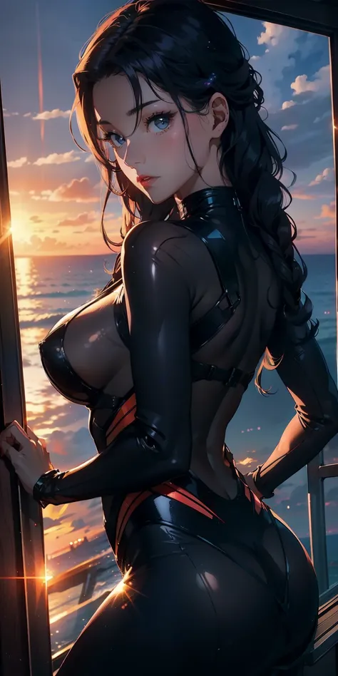 realisticlying、Close-up looking up from below、Girl in glass crystal bodysuit、Thigh emphasis、Transparent body、Breasts enlarged、Sexy Posing、Sunset Coast