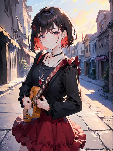 ((((carrying guitar on back,))))((hands in pockets,))(Masterpiece illustration,Beautiful and aesthetic:1.2,aim to viewers,from below), Best quality,Top quality, Epic quality,((((streets,valley,outdoor,))))(moonlight,moon glare, god light,))Neat face,undera...