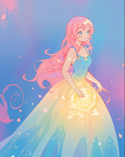 beautiful girl in sparkling gradient ballgown, long wavy peach pink hair, vibrant pastel colors, (colorful), colorful watercolor background, ethereal, magical lights, sparkling liquid light, inspired by Glen Keane, inspired by Lois van Baarle, disney art s...