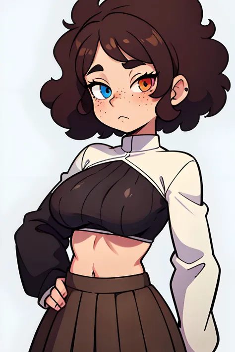 Woman, curly hair, has heterochromia, has vitiligo, freckles, septum piercing, medium tits, wearing a long sleeve crop top and a pleated skirt