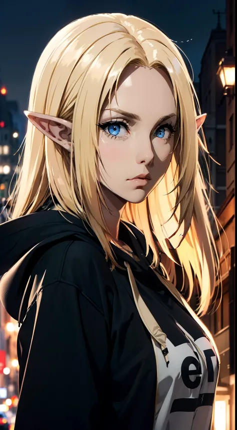 (masterpiece, best quality:1.4), 1girl, upper body, wearing Streetwear ((Hoodie)), blonde_hair, blue_eyes, serious face, closed_mouth, elf ears, looking_at_viewer, medium breast, full face blush, blurry background, depth of field, dinamic lighting, sharp f...