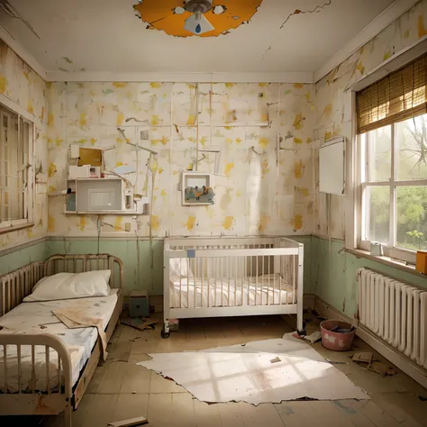 there is bars on the window, abandoned hospital room, an abandoned, an abandoned old, inside a childs bedroom, childs bedroom, in a derelict house, abandoned house interior, children, in a decayed hospital room, abandoned, abandoned asylum, by Dietmar Dame...