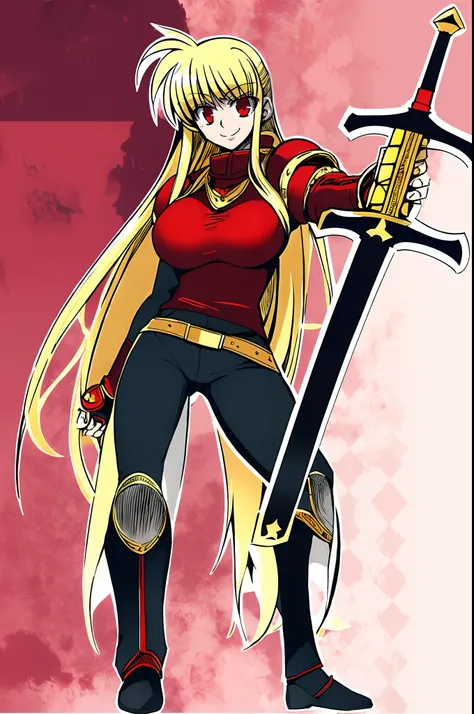 fate testarossa,magic blade, mahou shoujo lyrical nanoha, full body, large breasts, medieval, blonde hair, red eyes black clothes, warrior, pants, medieval clothing, medieval fantasy, holding up blade,smile