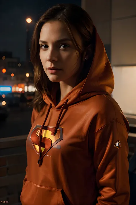 kara danvers wearing a orange and brown hoodie with superman logo, highly detailed, high resolution, cinematic, bright city background, cinematic lighting, hyperrealistic, 8k