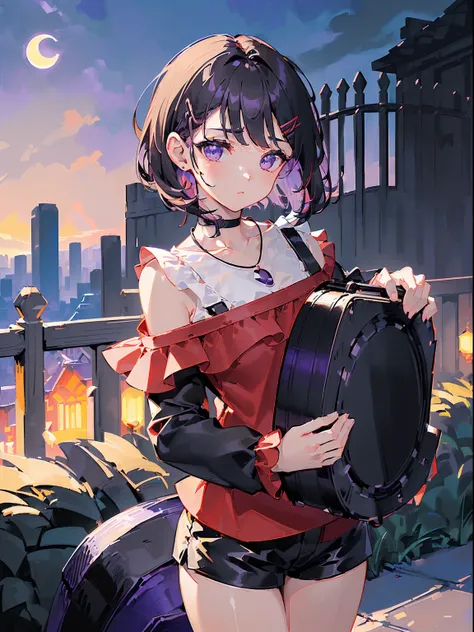 ((((carrying electric bass on back,))))((hands in pockets,))(Masterpiece illustration,Beautiful and aesthetic:1.2,aim to viewers,from below), Best quality,Top quality, Epic quality,((((Fence wall，violet,outdoor,))))(moonlight,moon glare, god light,))Neat f...