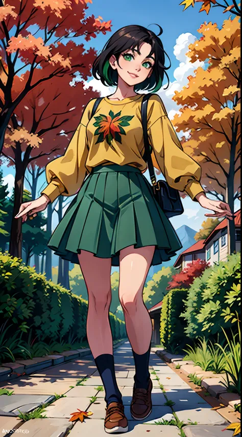 Masterpiece, Best Quality, hight resolution, Ultra-detailed), 1girl, chibi, barn, Autumn Casual Wear, Autumn Casual Shoes, black  hair, Green eyes, gentle face, Smile, Shizuka Joestar, Take a walk in the garden, autumn, multicolored leaves on trees, (Stick...