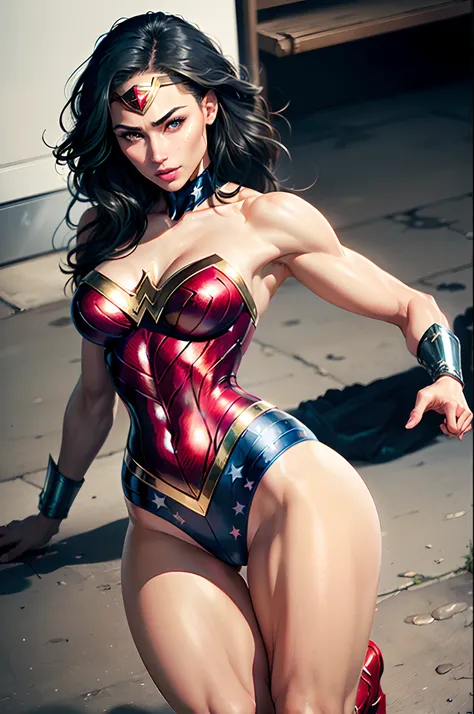 (Victorias Secret Model Wonder Woman), begging for her life, defeated, Wonder Woman, jackopose, top-down bottom-up, 1girl, single, solo, full body, looking at viewer, ((intricate details, makeup), (delicate and beautiful delicate face, delicate and beautif...