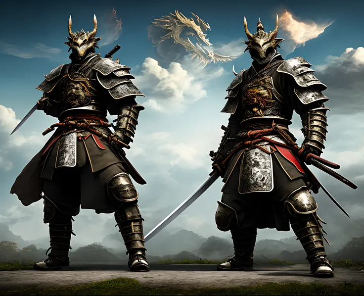 A dragon in the sky and a samurai in black armor with a katana in his hand on the ground