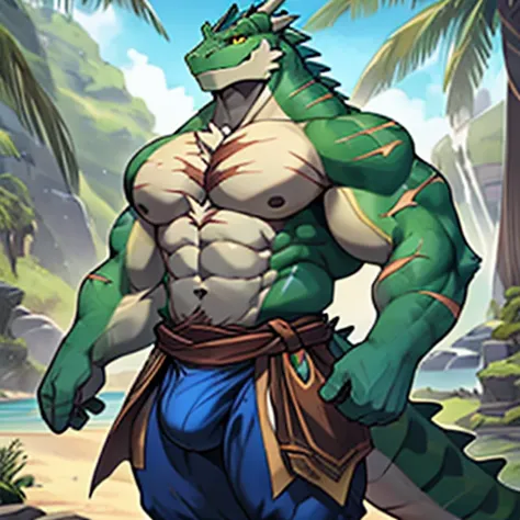 Solo, Male, lizardfolk, cheeky face, Wide face, Broad shoulders, Muscular, buff, Strong, Tall, Giant, Huge amounts of pubic, immensity, Gigantic, large biceps, large pecs, Blue-green body, yellow eyes， There are many scars on the body，detailed crotch, mass...