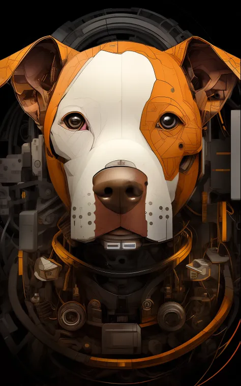 there is a dog with a helmet on and a head of wires, cyborg - pitbull, cyborg dog, symmetry!! portrait of cyborg, cyborg - pitbull taking a selfie, stunning digital illustration, highly detailed vector art, highly detailed digital artwork, cyborg portrait,...