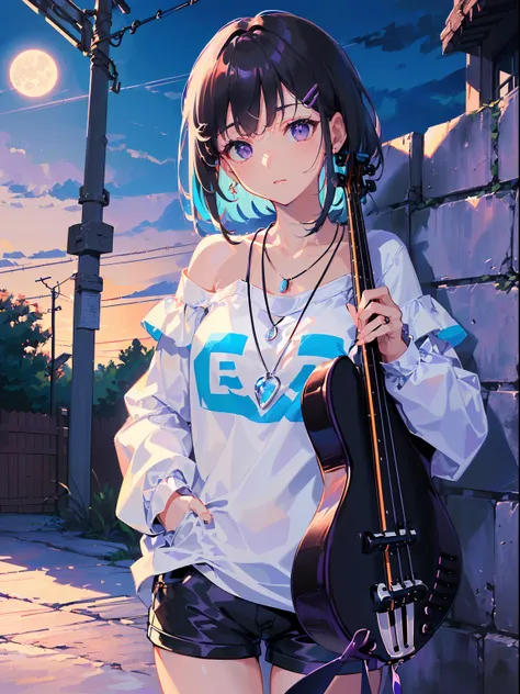 ((((carrying a electric bass,))))((hands in pockets,))(Masterpiece illustration,Beautiful and aesthetic:1.2,aim to viewers,from below), Best quality,Top quality, Epic quality,((((Fence wall，violet,outdoor,))))(moonlight,moon glare, god light,))Neat face,un...