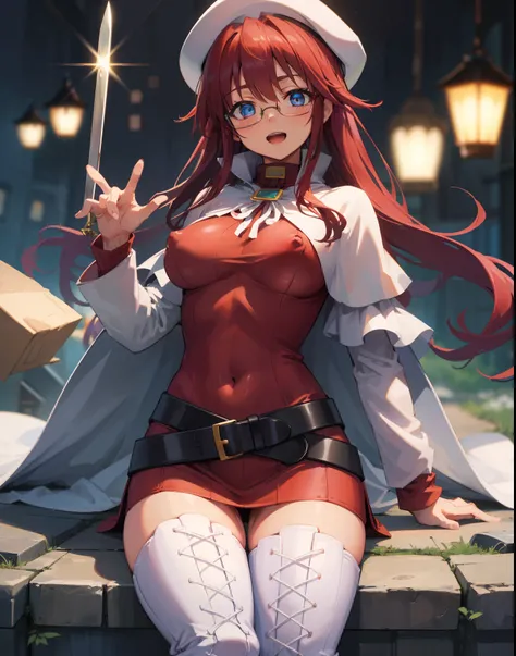 summonnightaty, aty, long hair, blue eyes, red hair, beret, hat, glasses,
BREAK long hair, thighhighs, hat, dress, boots, glasses, belt, cape, sweater, zettai ryouiki, beret, thigh boots, white footwear, ribbed sweater, loose belt,,
BREAK outdoors, fantasy...