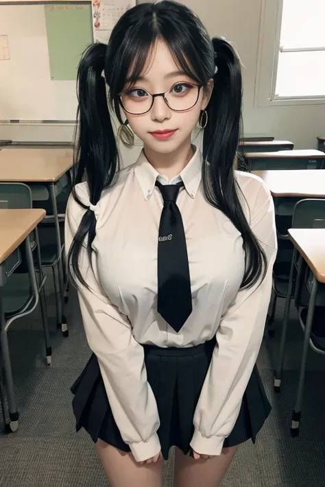 8K RAW photo, high resolution, 21 year old cool Korean, big round breasts, school uniform, tie, tie ribbon, blazer, skirt, beautiful eyes in detail, long eyelashes, beautiful double eyelids, eye shadow, slit eyes, sanpaku eyes, dark eye makeup, evil smile,...