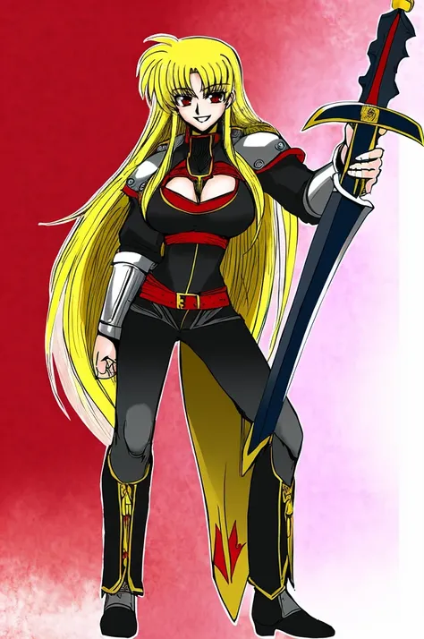 fate testarossa,magic blade, mahou shoujo lyrical nanoha, full body, large breasts, medieval, blonde hair, red eyes black clothes, warrior, pants, medieval clothing, medieval fantasy, holding up blade,smile