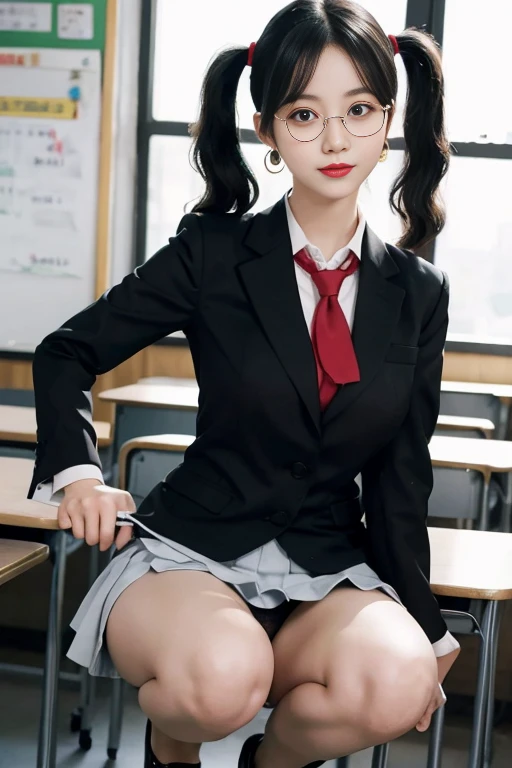 8K RAW photo, high resolution, ful body pics, 21 year old cool Korean, big round breasts, school uniform, tie, tie ribbon, blazer, skirt, beautiful eyes in detail, long eyelashes, beautiful double eyelids, eye shadow, slit eyes, sanpaku eyes, dark eye make...