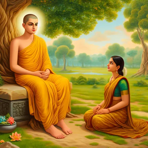 painting of a monk and a woman sitting in a field, buddhist, buddhism, samsara, buddha, sharandula, yellow robes, the buddha, hi...