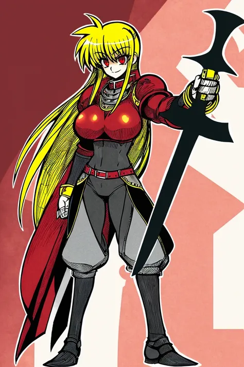 fate testarossa,magic blade, mahou shoujo lyrical nanoha, full body, large breasts, medieval, blonde hair, red eyes black clothes, warrior, pants, medieval clothing, medieval fantasy, holding up blade,smile