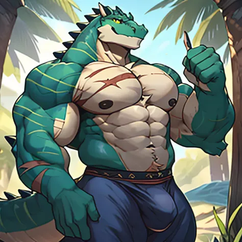 Solo, Male, lizardfolk, cheeky face, Wide face, Broad shoulders, Muscular, buff, Strong, Tall, Giant, Huge amounts of pubic, immensity, Gigantic, large biceps, large pecs, Blue-green body, yellow eyes， There are many scars on the body，detailed crotch, mass...