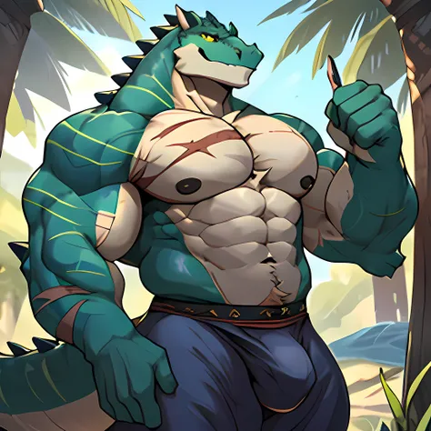 Solo, Male, lizardfolk, cheeky face, Wide face, Broad shoulders, Muscular, buff, Strong, Tall, Giant, Huge amounts of pubic, immensity, Gigantic, large biceps, large pecs, Blue-green body, yellow eyes， There are many scars on the body，detailed crotch, mass...