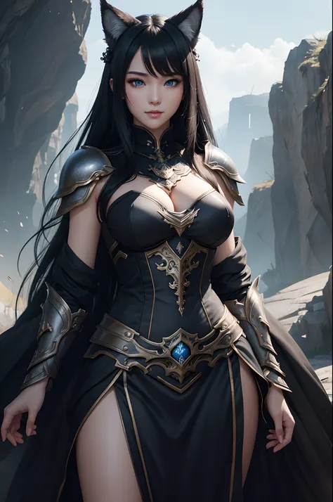 8K,Close-up of a woman in a black and white dress、Dark hair、Werewolf with small breasts,Super beauty,(Lifelike)Blue eyes,,Chengwei Pan on Artstation、 Yang J 作、 Intricate fantasy art、Stunning character art、 Fanart Meilleure ArtStation、 Magnificent and elabo...