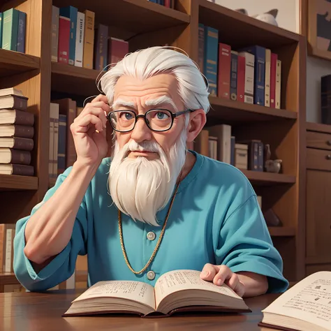 Create a wise old man with his hand on his head thinking, And a book in the other hand.