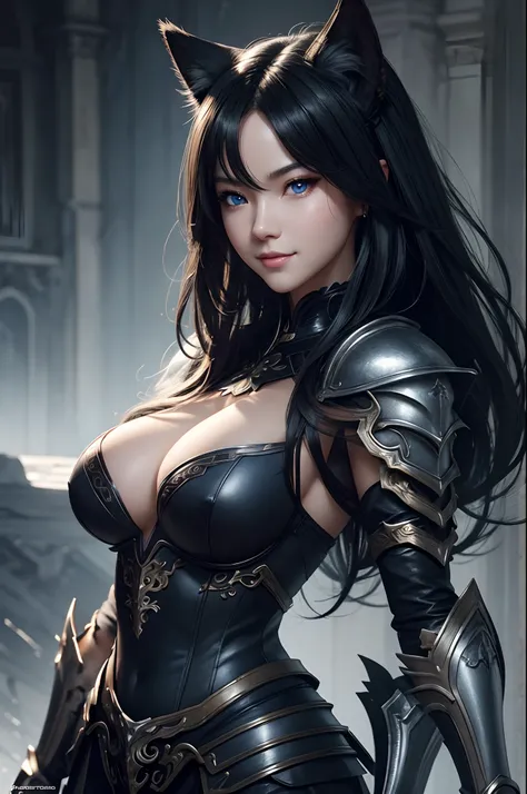 8K,Close-up of a woman in a black and white dress、Dark hair、Werewolf with small breasts,Super beauty,(Lifelike)Blue eyes,,Chengwei Pan on Artstation、 Yang J 作、 Intricate fantasy art、Stunning character art、 Fanart Meilleure ArtStation、 Magnificent and elabo...