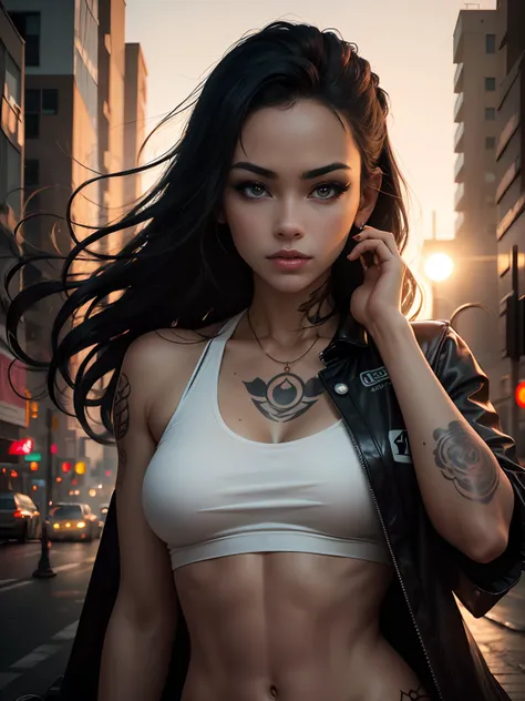 Tumblr-style city photoshoot with the Canon EOS Mark V, - 80mm anamorphic lens, ISO 100, Shutter speed 1/1450s, Autofocus perfectly captures the depth between shots, ultra sharp image, Perfect contrast and color, sunset time, A cyberpunk city with a futuri...