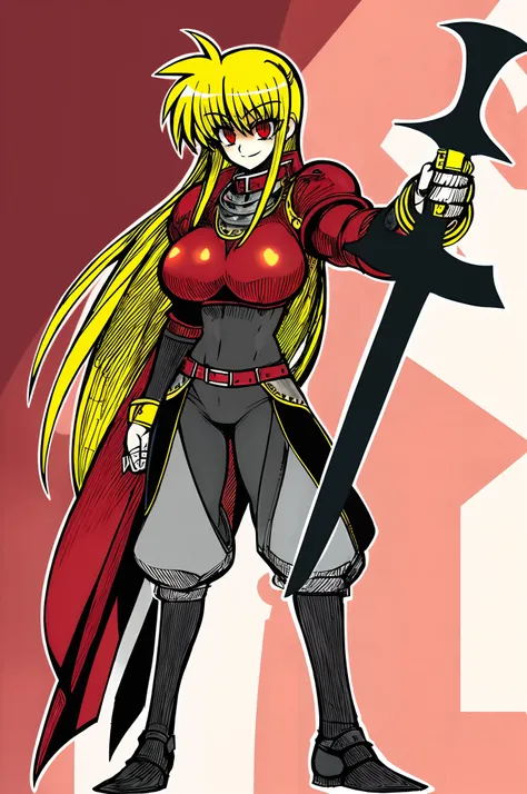 fate testarossa,magic blade, mahou shoujo lyrical nanoha, full body, large breasts, medieval, blonde hair, red eyes black clothes, warrior, pants, medieval clothing, medieval fantasy, holding up blade,smile