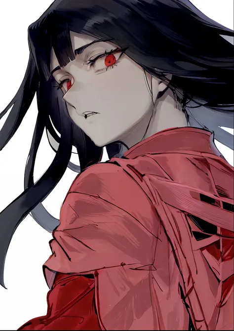 anime character with long black hair and red shirt holding a red sword, kentaro miura manga art style, hinata hyuga, akane owari danganronpa, miura kentaro style, sui ishida with black hair, by Jin Homura, kentaro miura manga style, kentaro miura art, mang...