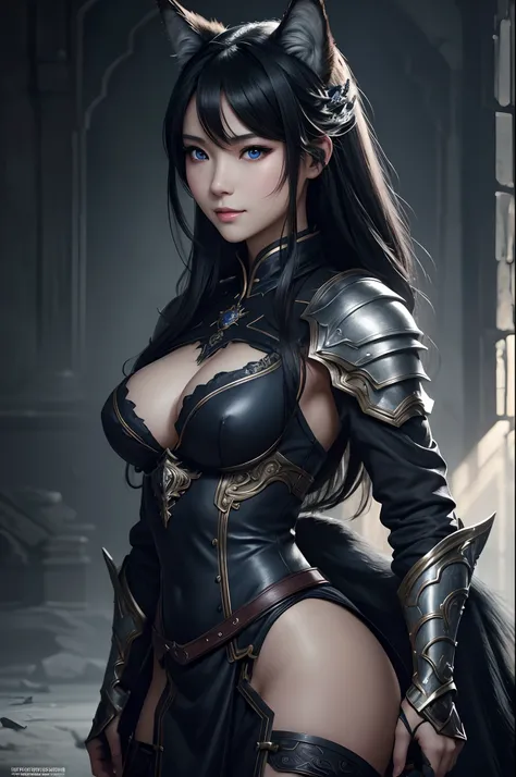 8K,Close-up of a woman in a black and white dress with small breasts、Dark hair、Werewolf with small breasts,Super beauty,(Lifelike)Blue eyes,,Chengwei Pan on Artstation、 Yang J 作、 Intricate fantasy art、assassin,Stunning character art、 Fanart Meilleure ArtSt...