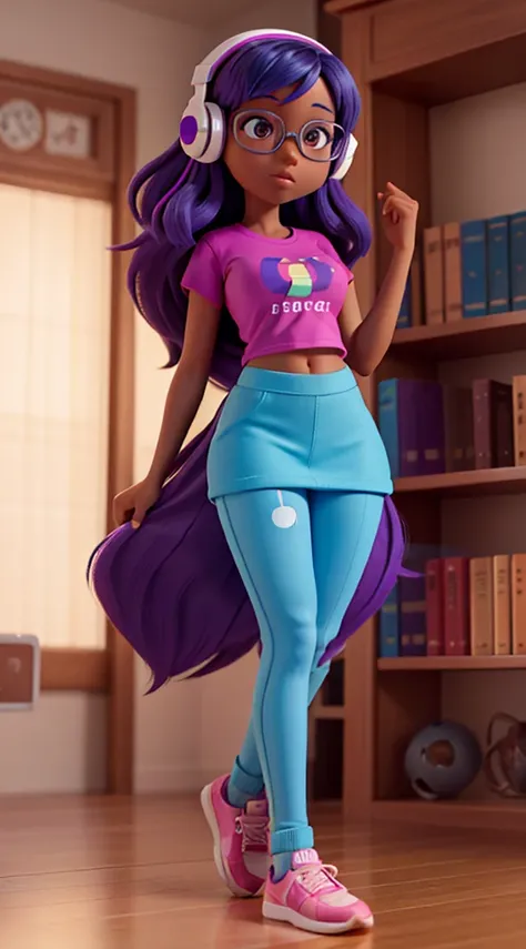 The dark-skinned nerd has a slender body with large proportionate breasts, a pert butt, toned legs and a confident posture. Her colorful hair is a vibrant mix of blue and purple, standing out in loose curls. The eyes express curiosity with a deep amber hue...