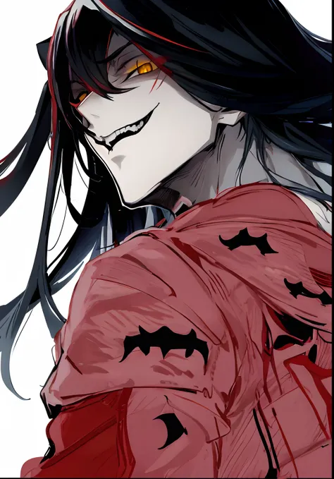 anime character with yellow eyes and a red jacket, portrait gapmoe yandere grimdark, his eyes are bleeding intense, persona 5 art style wlop, male anime character, young anime man, handsome guy in demon slayer art, inspired by Yamagata Hiro, anime boy, sha...