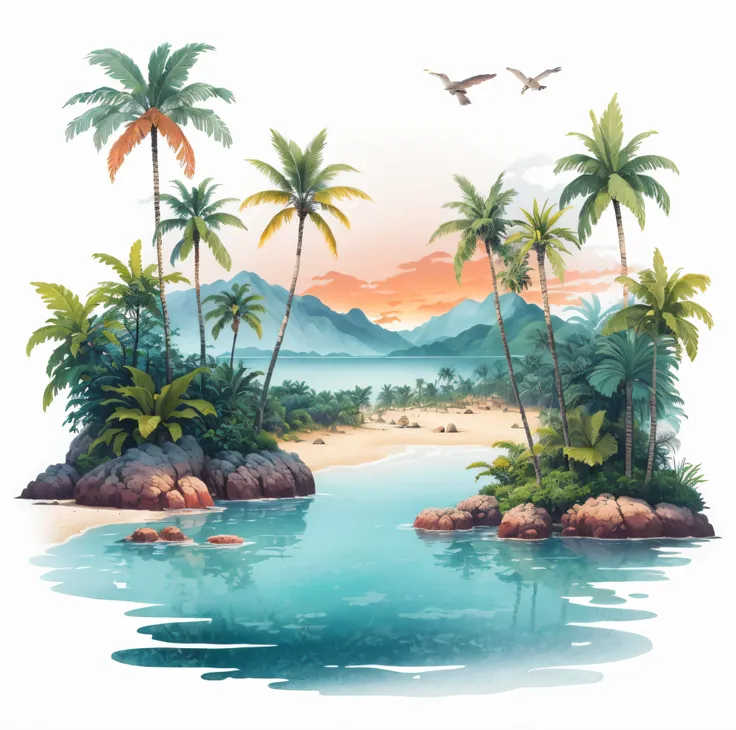 ((best quality)), ((master part)), (altamente detalhado:1.3)Fundo rosa e azul lindamente vibrante com uma paisagem tropical abstrata e real, com palmeiras tropicais deslumbrantes, Coconut palms and other lush tropical foliage bring the scene to life in viv...